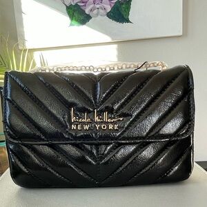 NWT Nicole Miller Vegan Leather Crossbody Black Gold Bag